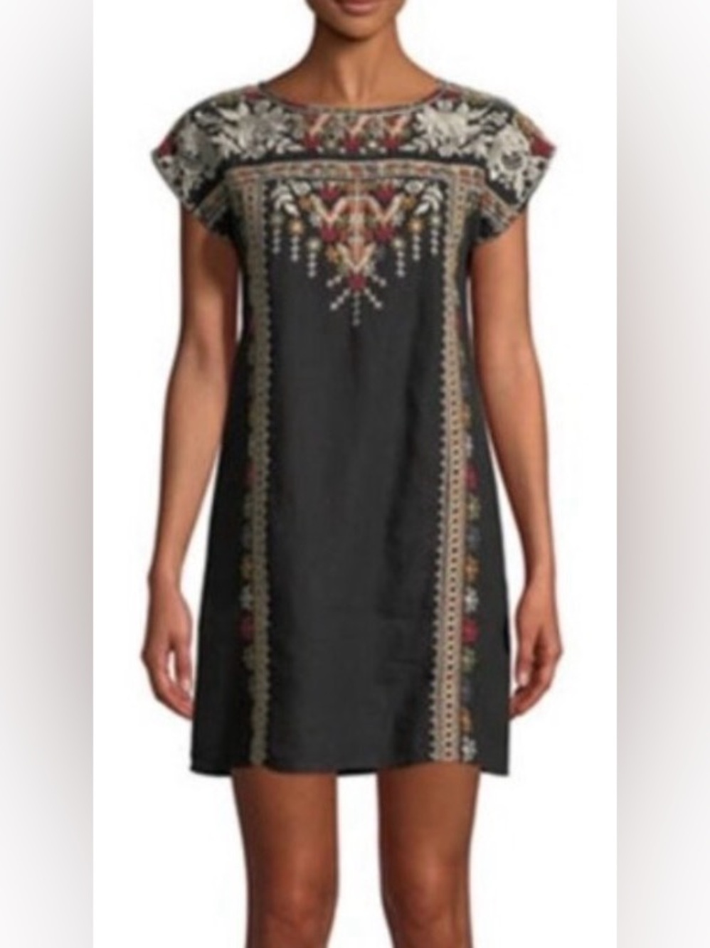 Johnny Was Aliya Black Floral Embroidered Black Linen Boho Dress- Sz S